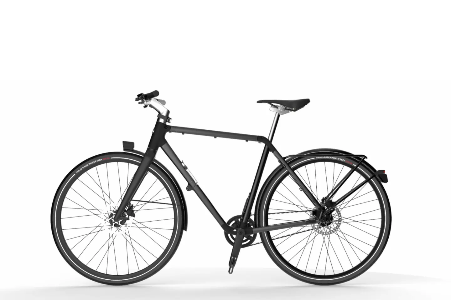 Vélo entier à cadre noir mat, vue de côté sur fond clair.